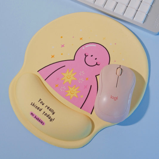 Mr.Bubbles yellow wrist rest mouse pad styled with mouse on desk