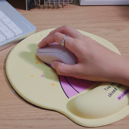 Mr.Bubbles wrist rest mouse pad in use at desk - yellow edition